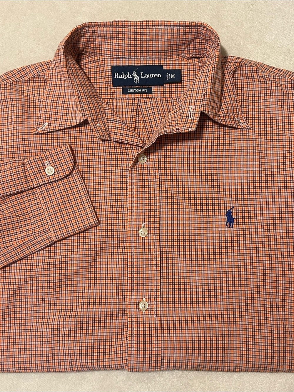 Ralph Lauren Mens M Custom Fit Micro Check Plaid Long Sleeve Button Down Orange